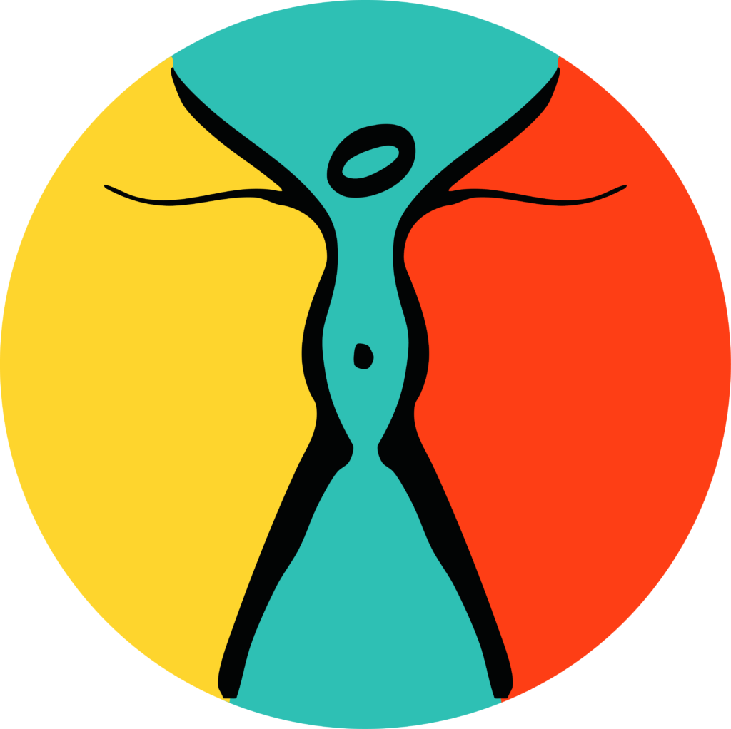 red and yellow background with a blue and black hand drawn figure